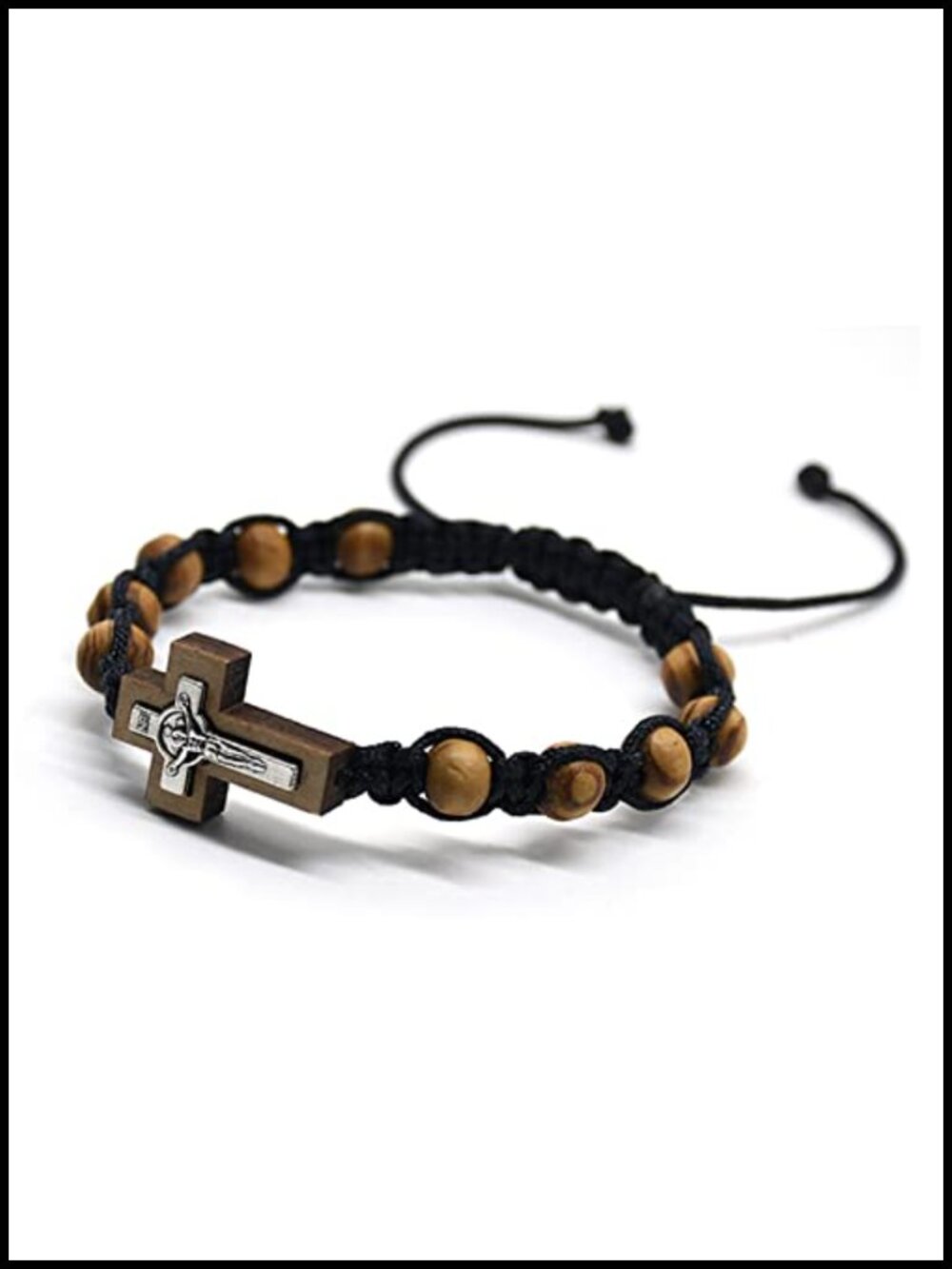 8mm Wood Rosary Bracelet, Adjustable Black Cord Catholic Cross